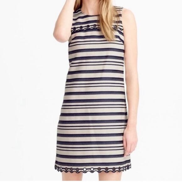 J. Crew Shift Dress E8993 Blue  Striped Scalloped Hem Grommets Size 2 - Picture 1 of 16
